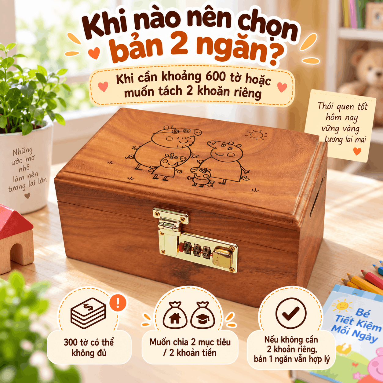 Hộp Tiết Kiệm Cho Bé Mẫu Gia Đình Heo Peppa – Gỗ Hương, Khóa Số
