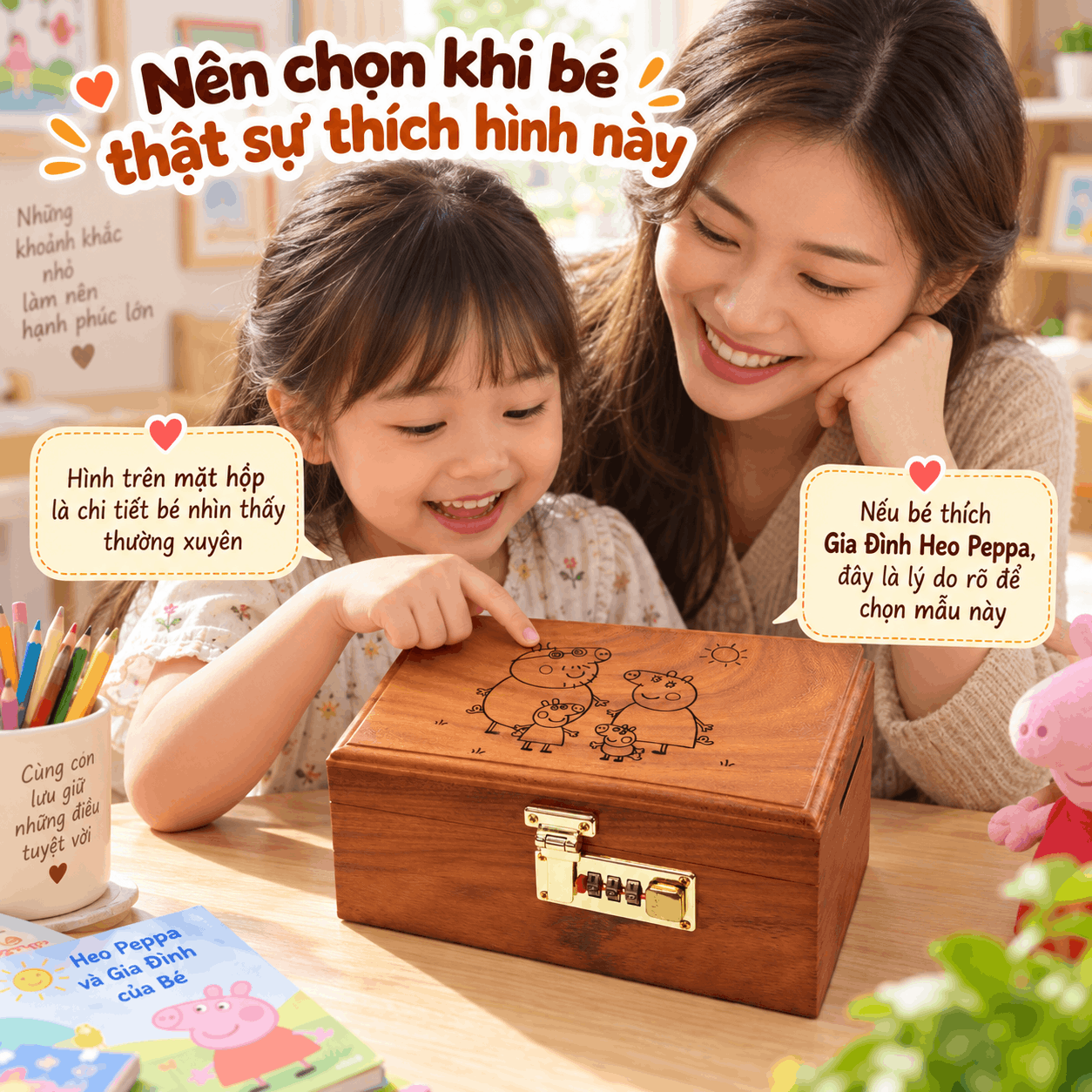 Hộp Tiết Kiệm Cho Bé Mẫu Gia Đình Heo Peppa – Gỗ Hương, Khóa Số