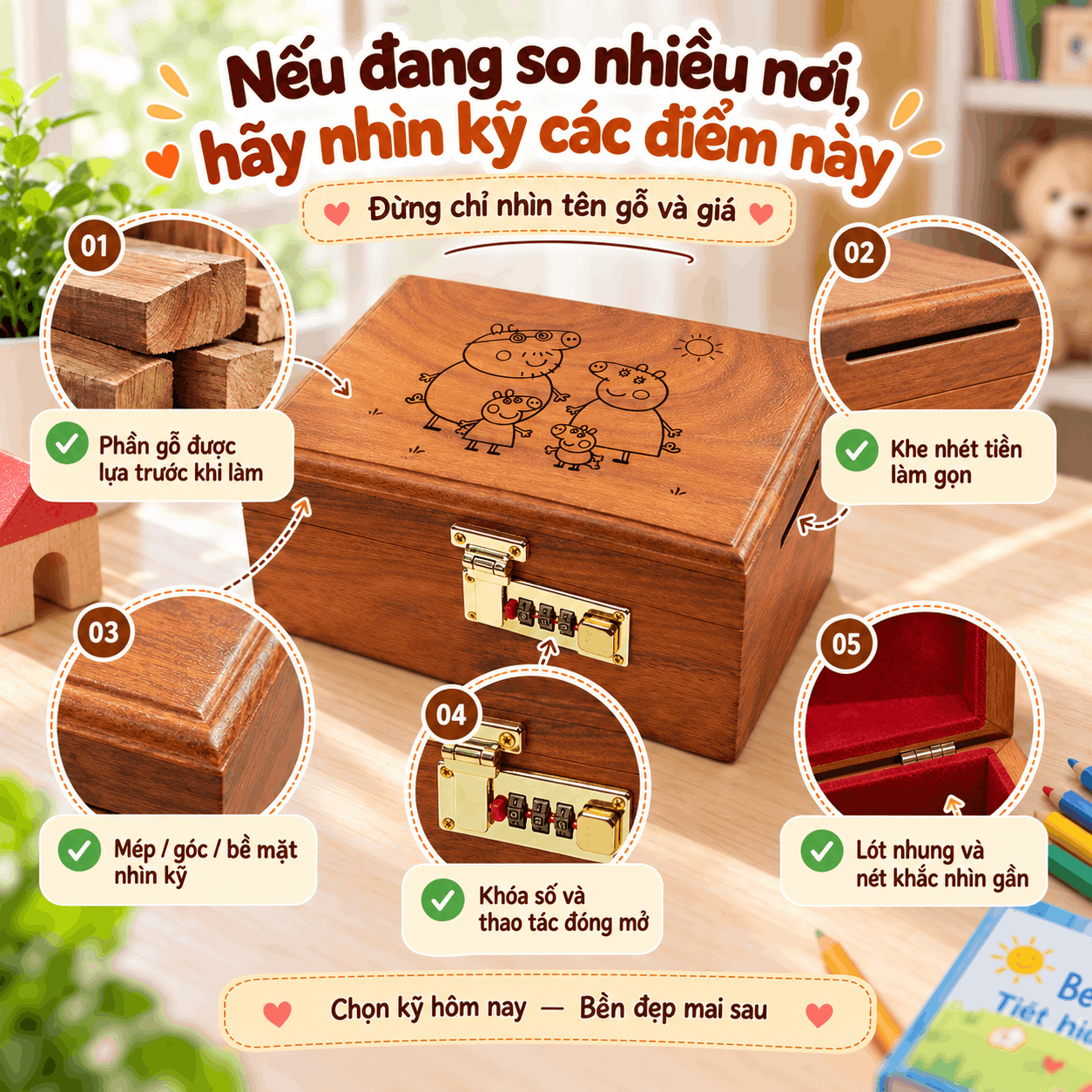 Hộp Tiết Kiệm Cho Bé Mẫu Gia Đình Heo Peppa – Gỗ Hương, Khóa Số