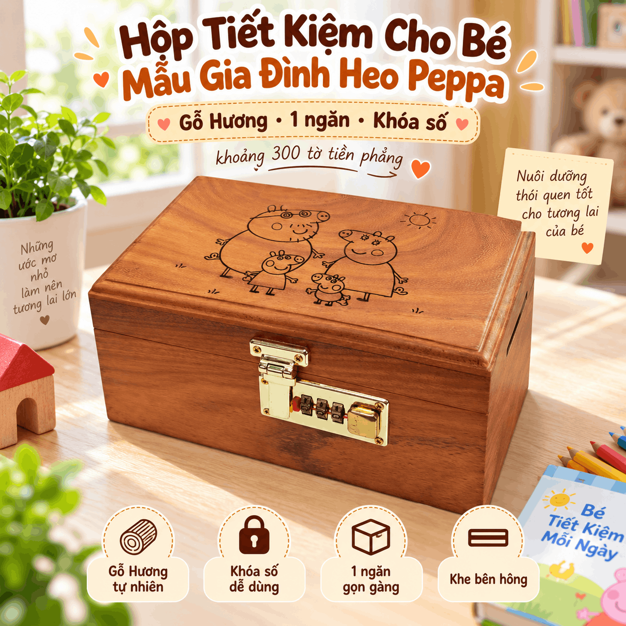 Hộp Tiết Kiệm Cho Bé Mẫu Gia Đình Heo Peppa – Gỗ Hương, Khóa Số