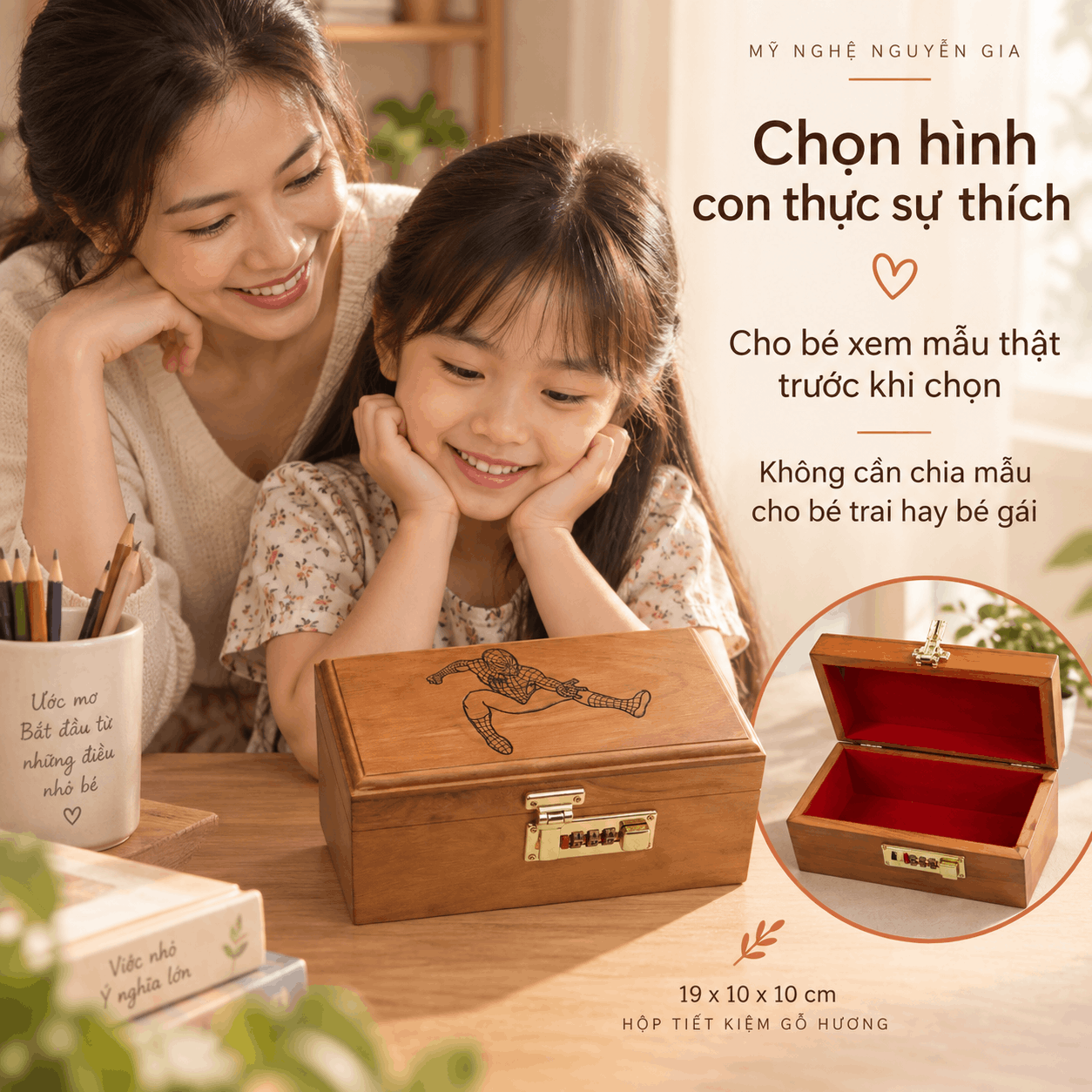 Hộp Tiết Kiệm Cho Bé Mẫu Siêu Nhân Nhện – Gỗ Hương, Khóa Số