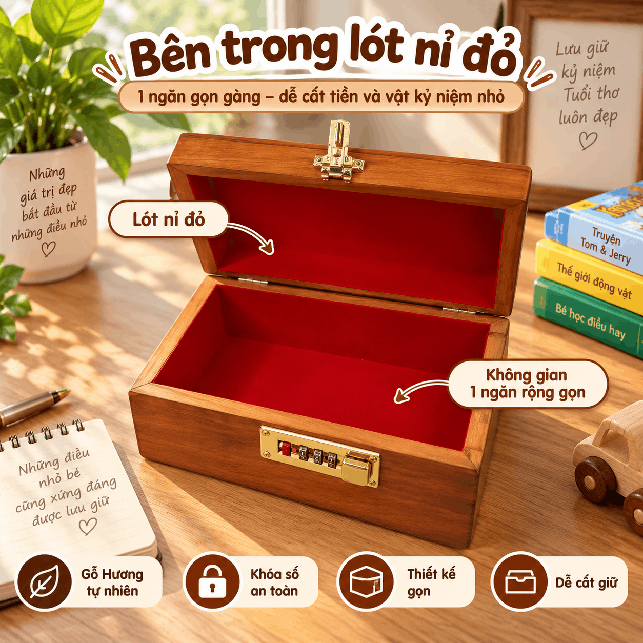 Hộp Tiết Kiệm Cho Bé Mẫu Tom & Jerry – Gỗ Hương, Khóa Số