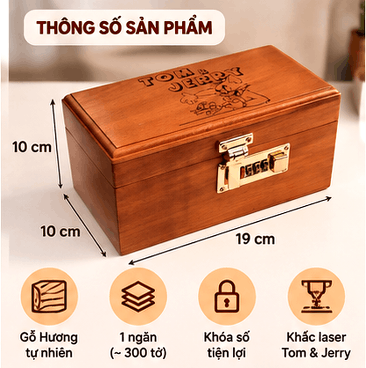 Hộp Tiết Kiệm Cho Bé Mẫu Tom & Jerry – Gỗ Hương, Khóa Số