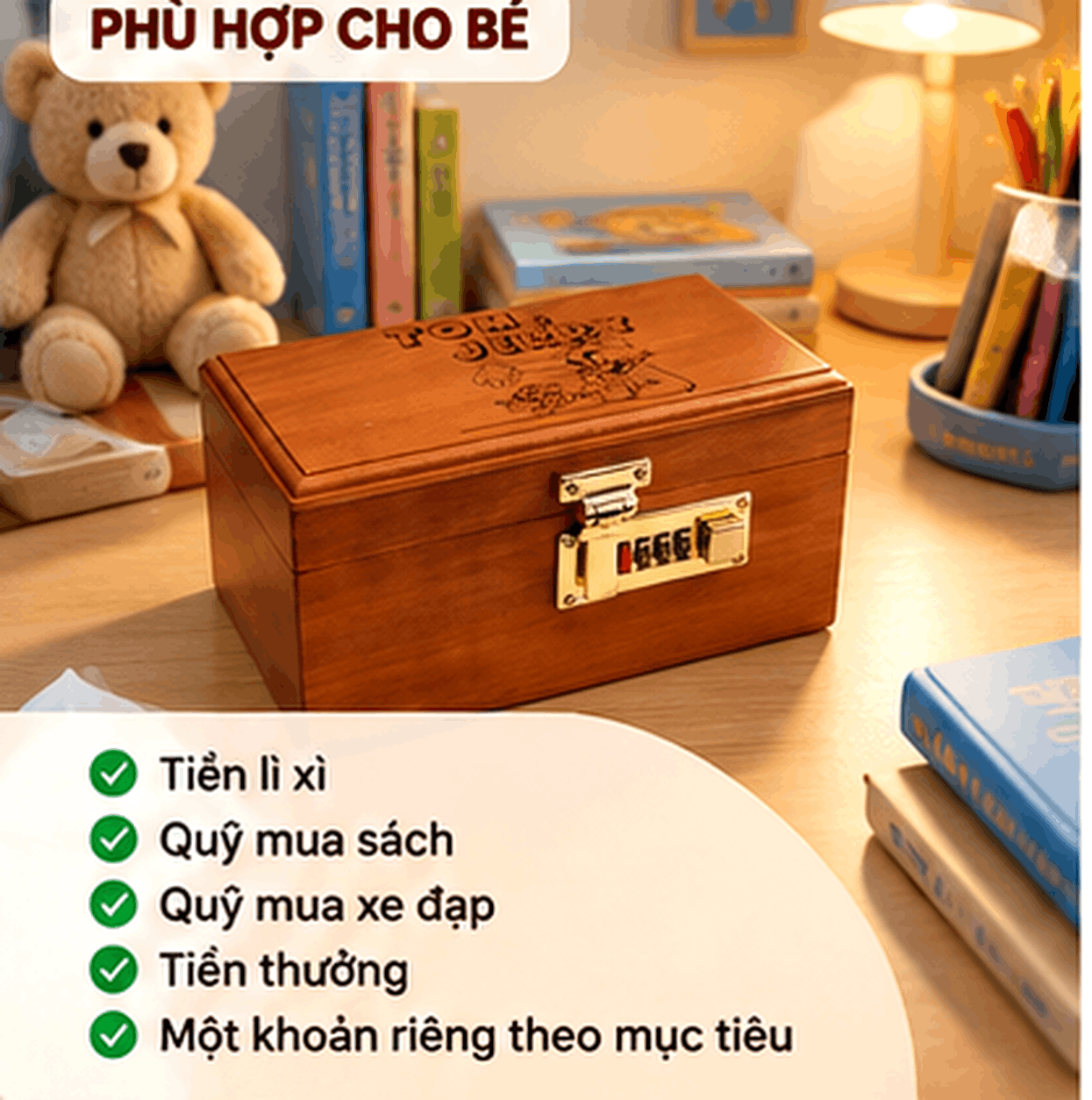 Hộp Tiết Kiệm Cho Bé Mẫu Tom & Jerry – Gỗ Hương, Khóa Số