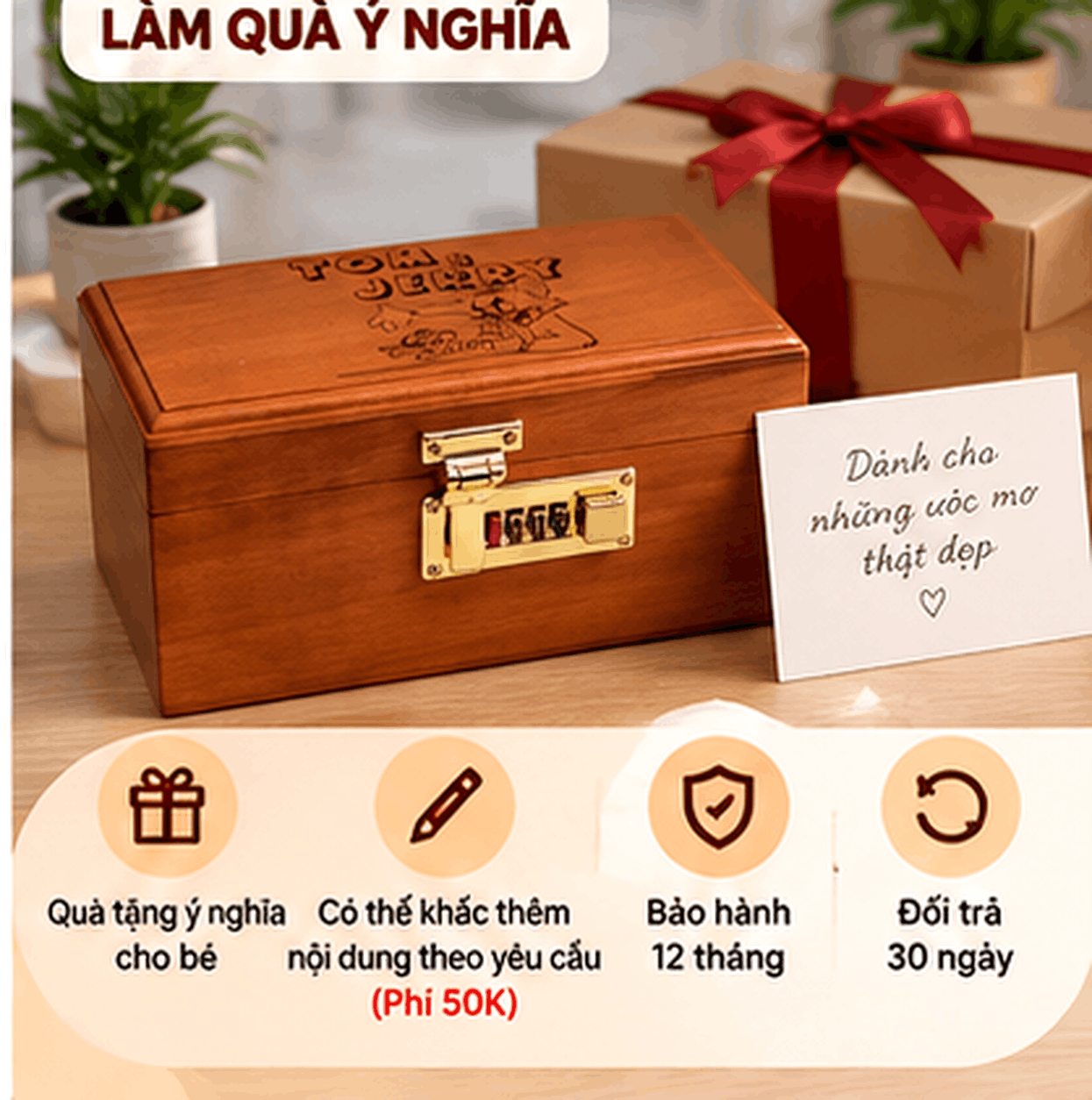 Hộp Tiết Kiệm Cho Bé Mẫu Tom & Jerry – Gỗ Hương, Khóa Số