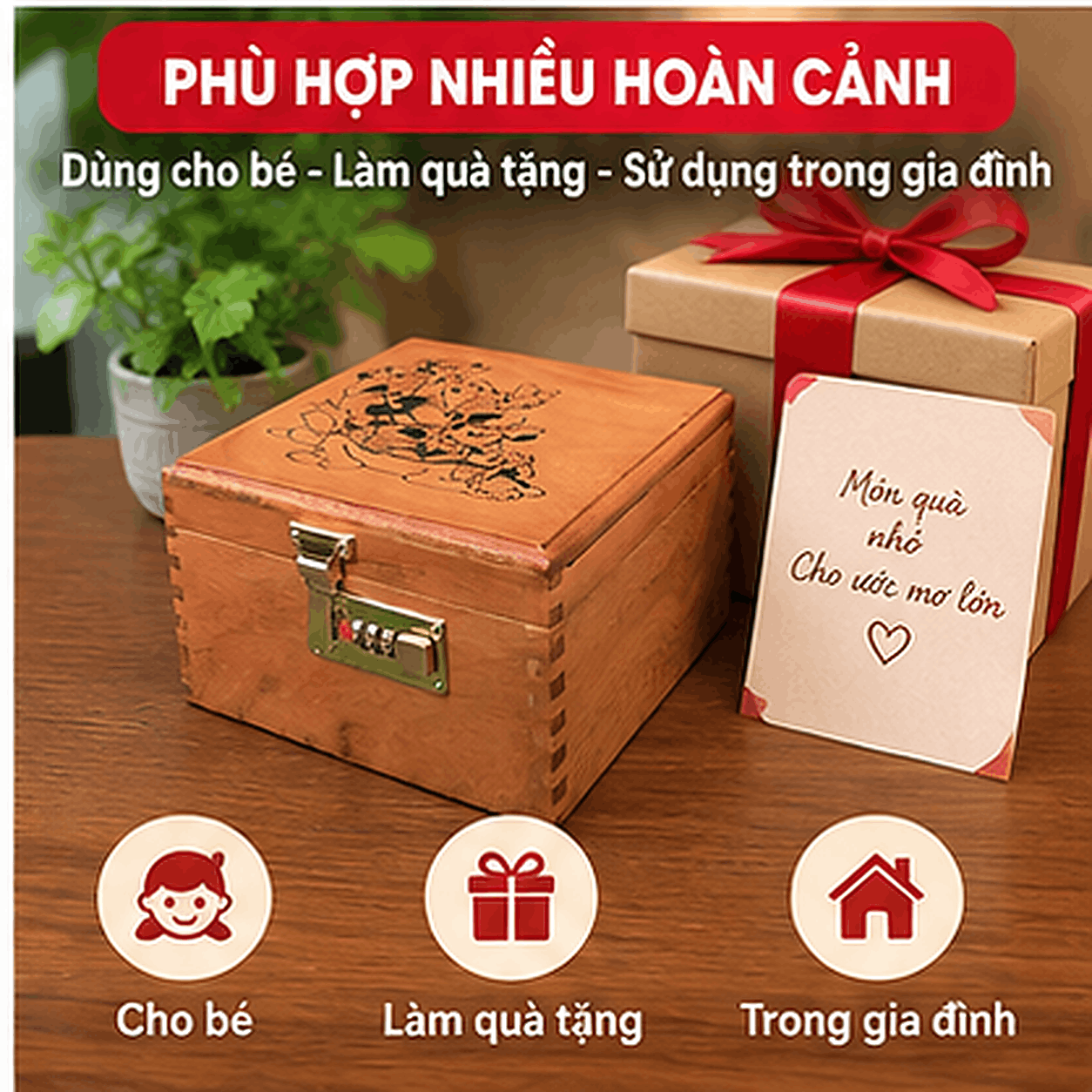 Hộp Tiết Kiệm Cho Bé 2 Ngăn Mẫu Vịt Donald – Gỗ Hương, Khóa Số