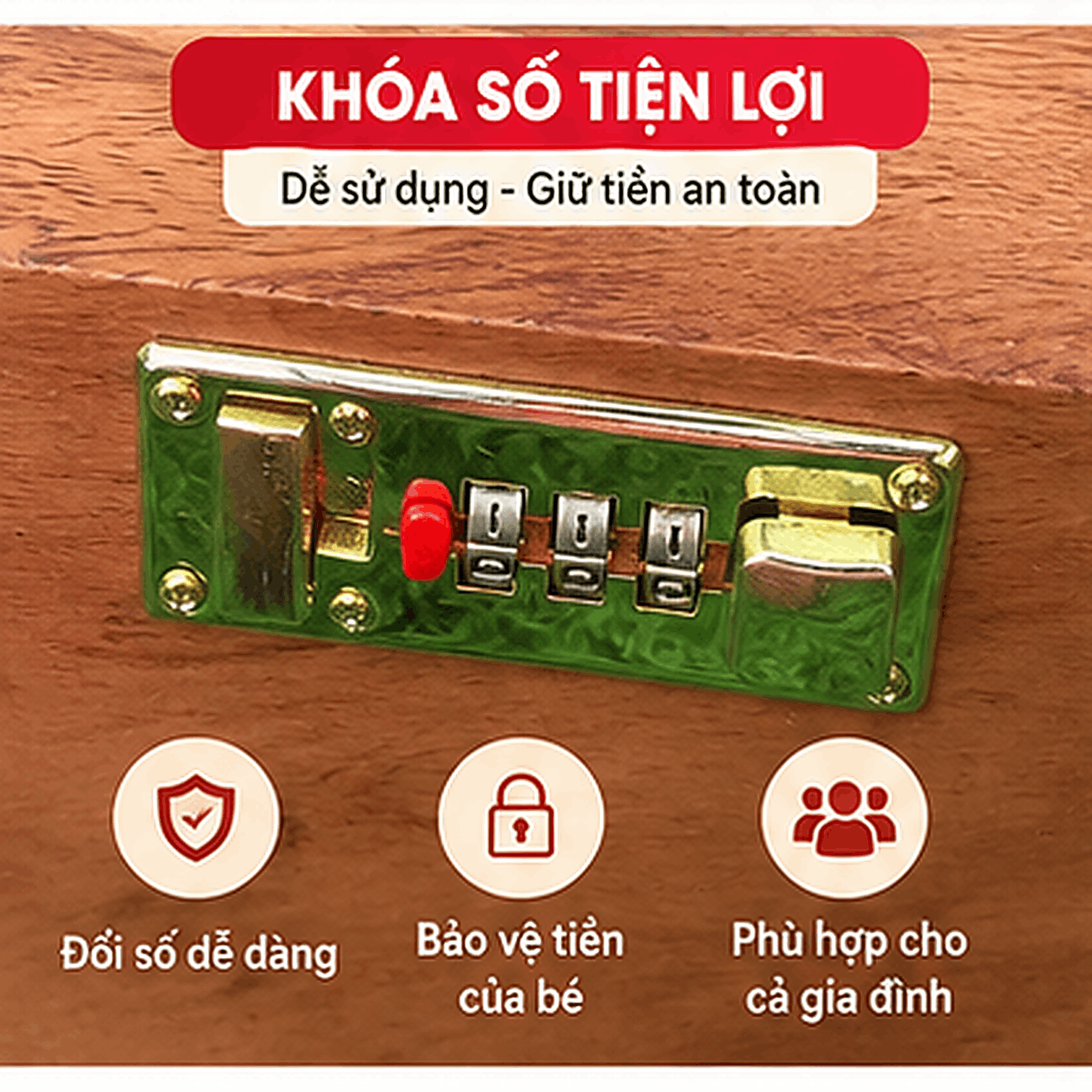 Hộp Tiết Kiệm Cho Bé 2 Ngăn Mẫu Vịt Donald – Gỗ Hương, Khóa Số