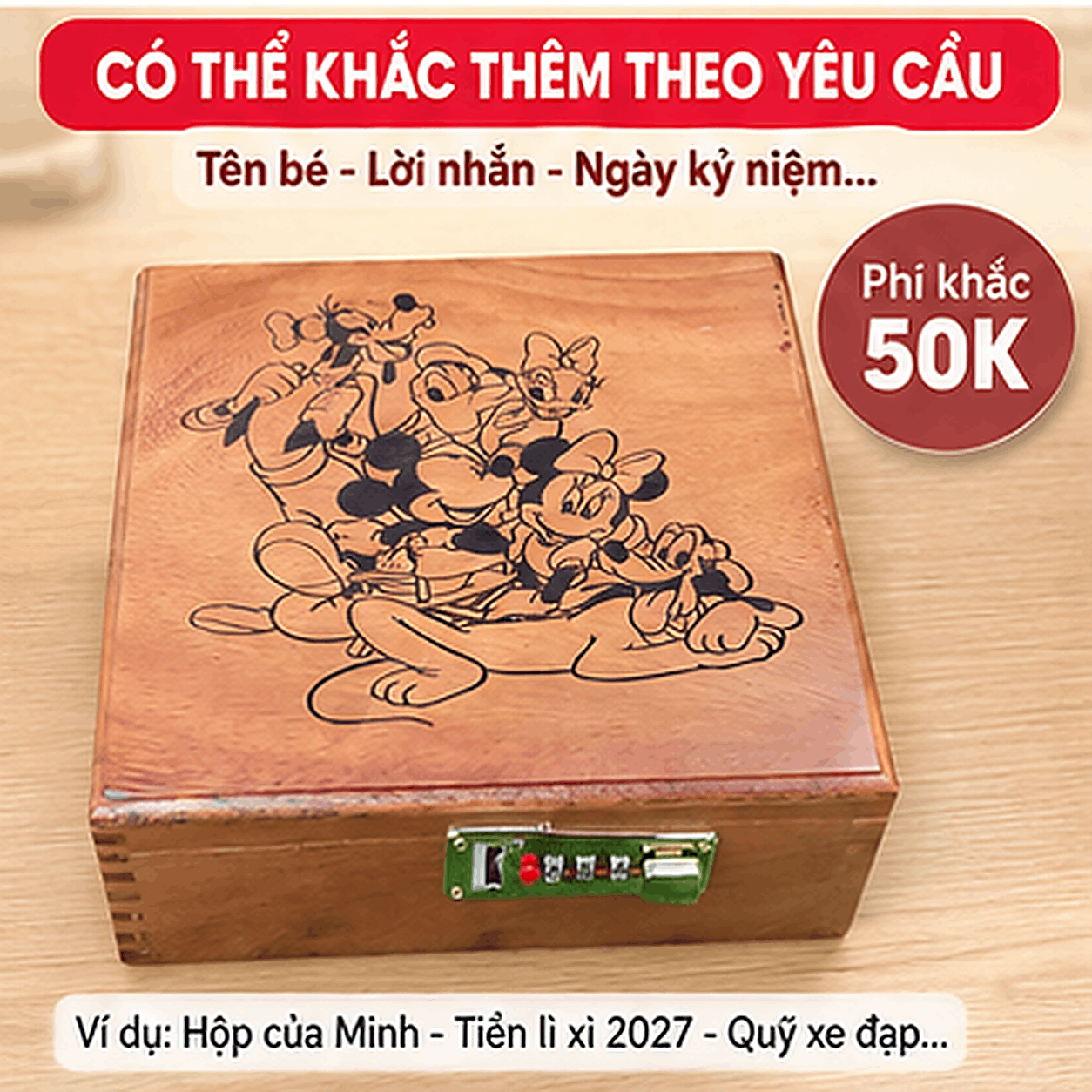 Hộp Tiết Kiệm Cho Bé 2 Ngăn Mẫu Vịt Donald – Gỗ Hương, Khóa Số