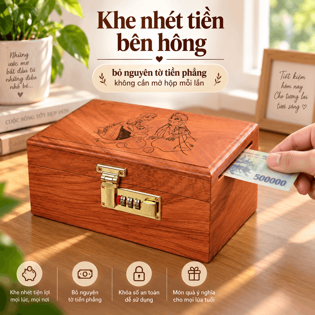 Hộp Tiết Kiệm Cho Bé Mẫu Công Chúa Tuyết – Gỗ Hương, Khóa Số