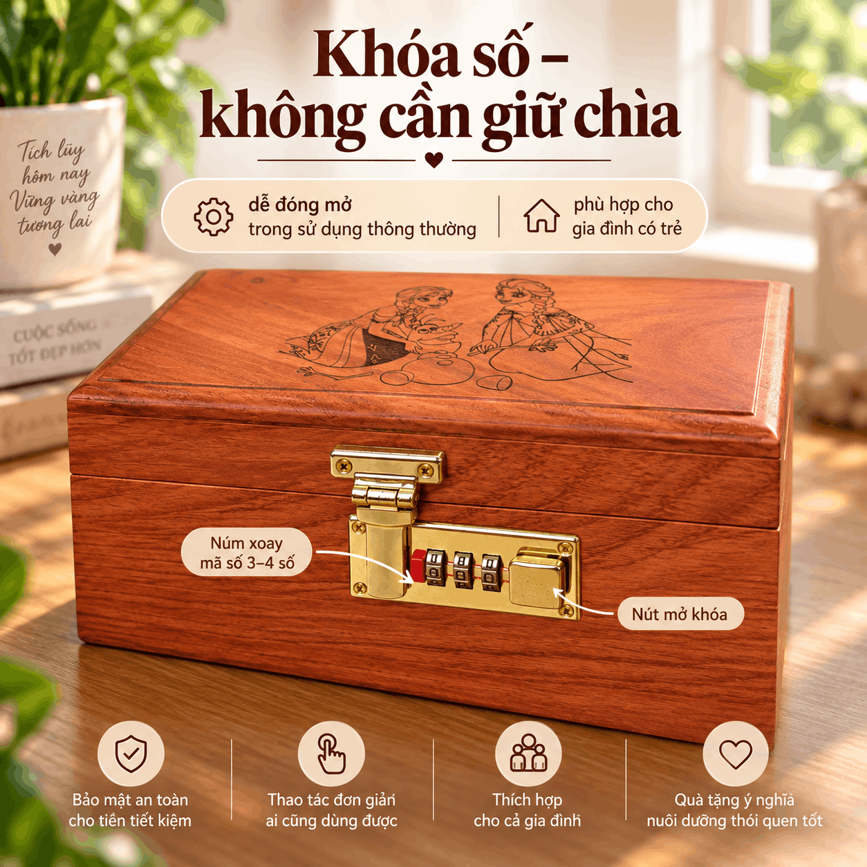 Hộp Tiết Kiệm Cho Bé Mẫu Công Chúa Tuyết – Gỗ Hương, Khóa Số