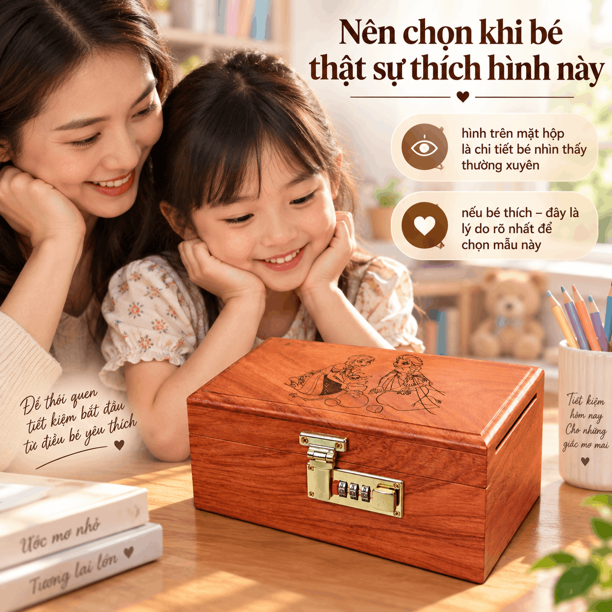 Hộp Tiết Kiệm Cho Bé Mẫu Công Chúa Tuyết – Gỗ Hương, Khóa Số