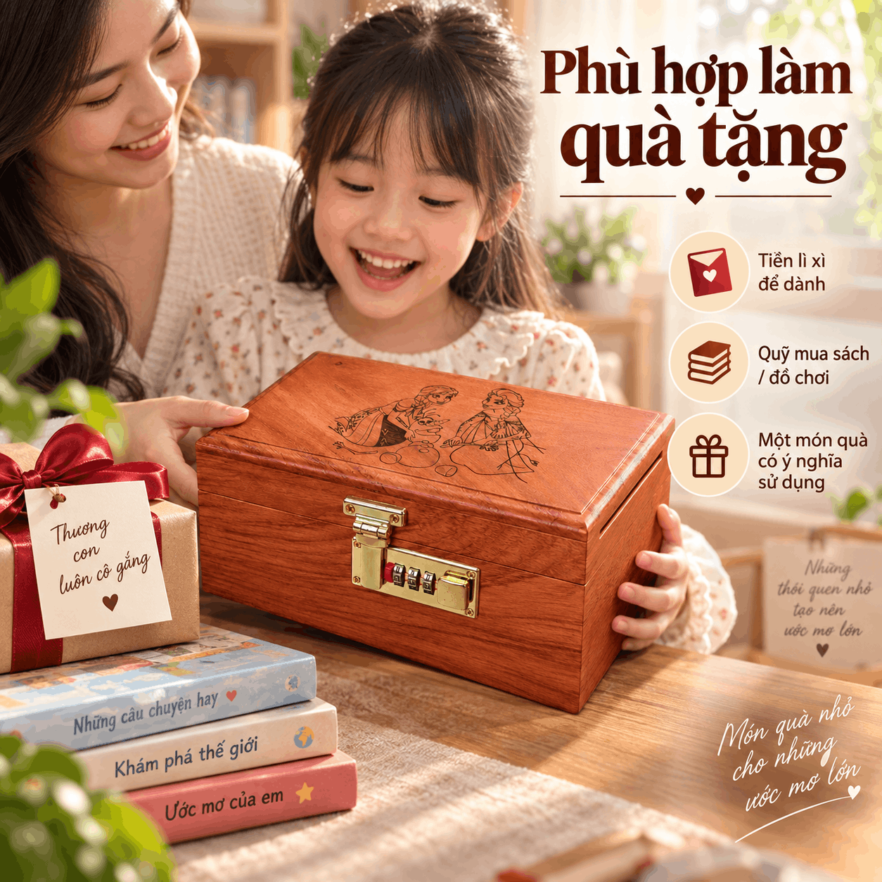 Hộp Tiết Kiệm Cho Bé Mẫu Công Chúa Tuyết – Gỗ Hương, Khóa Số
