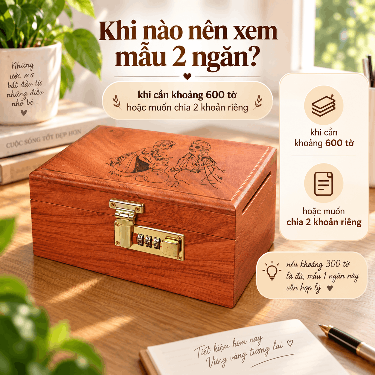 Hộp Tiết Kiệm Cho Bé Mẫu Công Chúa Tuyết – Gỗ Hương, Khóa Số