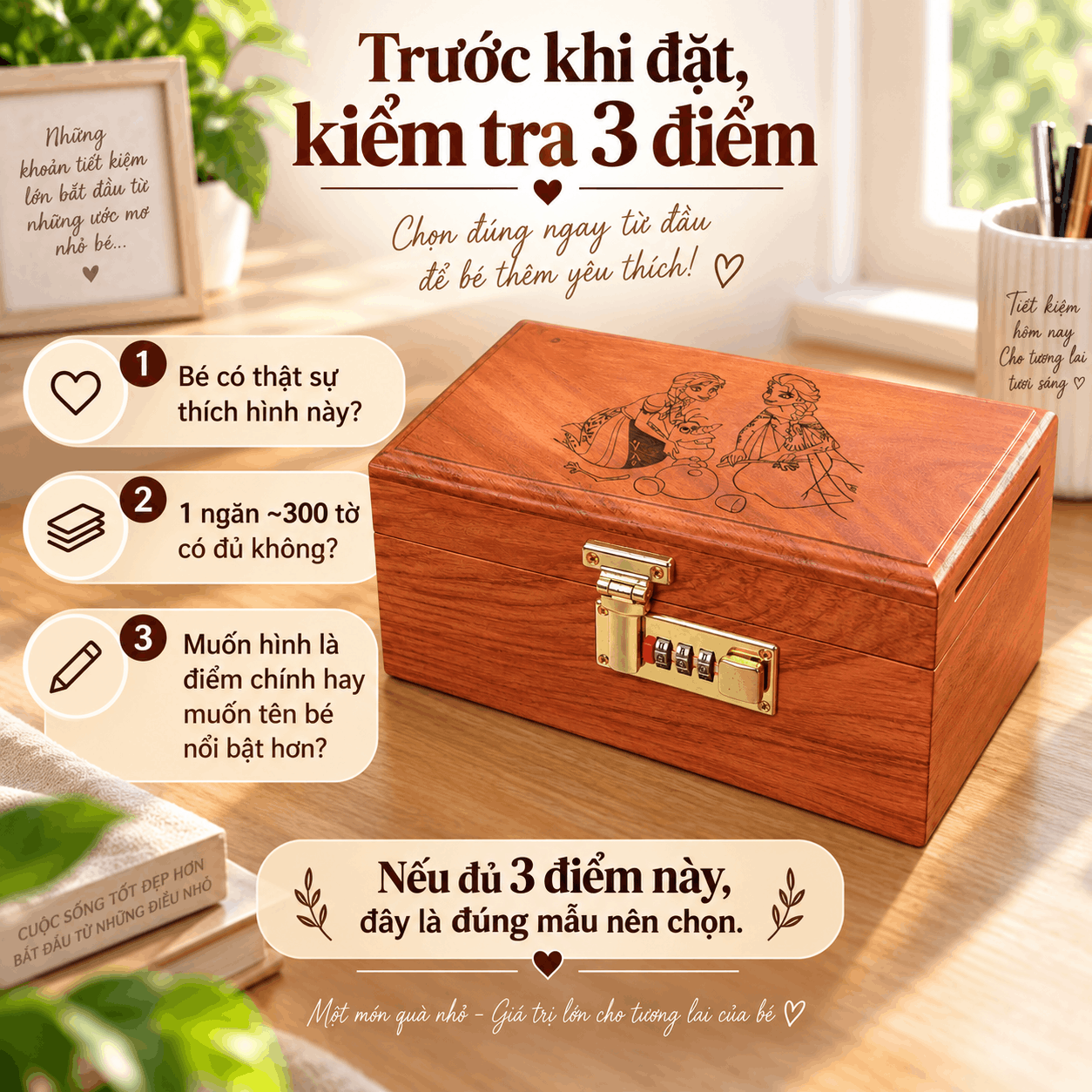 Hộp Tiết Kiệm Cho Bé Mẫu Công Chúa Tuyết – Gỗ Hương, Khóa Số