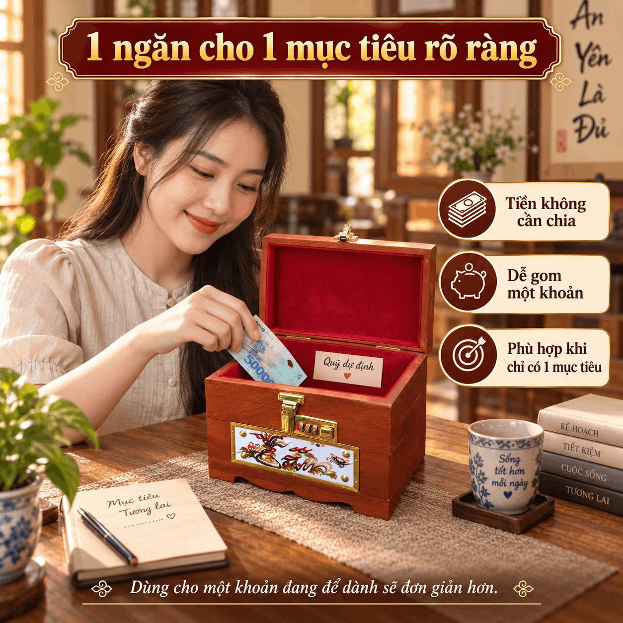 Hộp Tiết Kiệm Tâm Đức Lộc Gỗ Hương – Ốp Gốm, Khóa Số