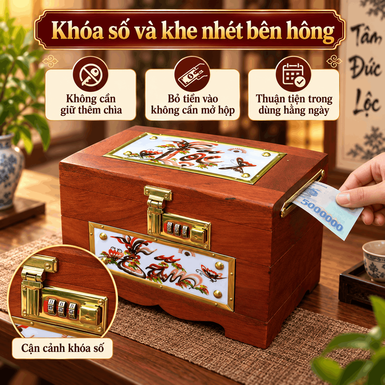 Hộp Tiết Kiệm Tâm Đức Lộc Gỗ Hương – Ốp Gốm, Khóa Số