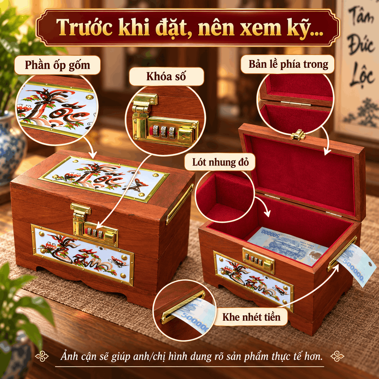 Hộp Tiết Kiệm Tâm Đức Lộc Gỗ Hương – Ốp Gốm, Khóa Số
