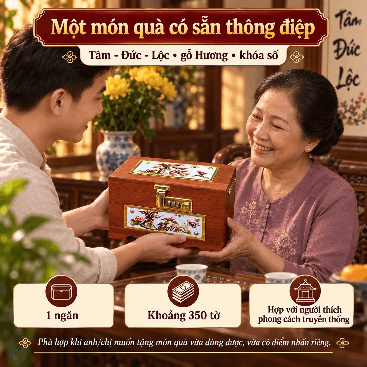 Hộp Tiết Kiệm Tâm Đức Lộc Gỗ Hương – Ốp Gốm, Khóa Số