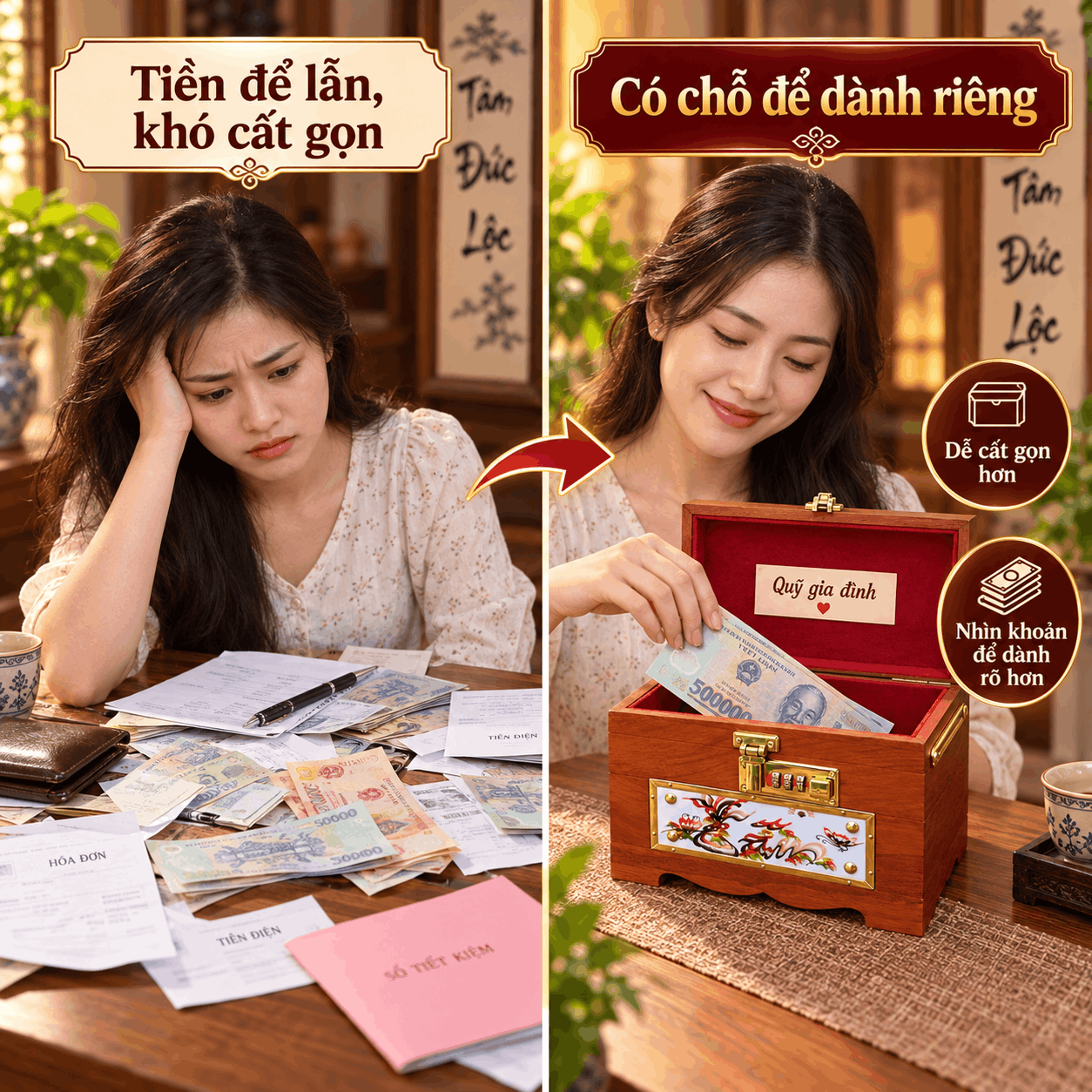 Hộp Tiết Kiệm Tâm Đức Lộc Gỗ Hương – Ốp Gốm, Khóa Số
