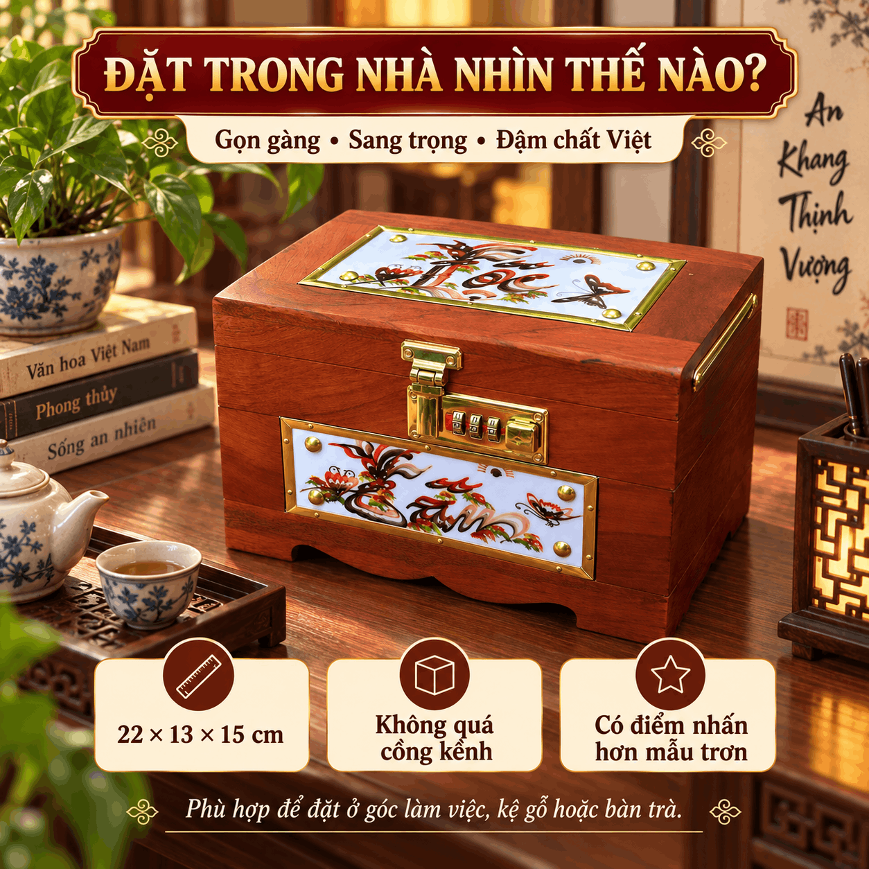 Hộp Tiết Kiệm Tâm Đức Lộc Gỗ Hương – Ốp Gốm, Khóa Số