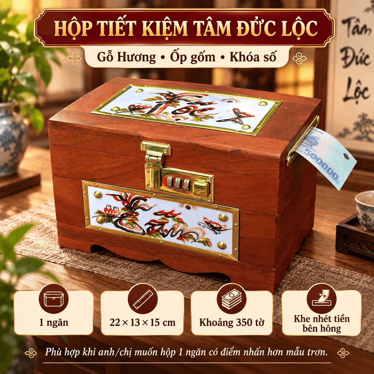 Hộp Tiết Kiệm Tâm Đức Lộc Gỗ Hương – Ốp Gốm, Khóa Số