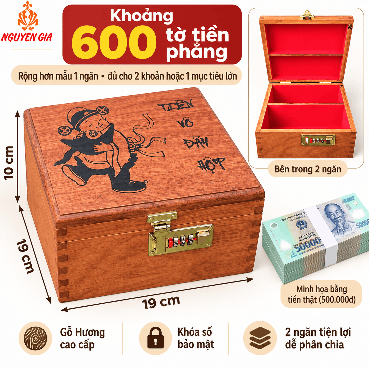 Hộp Tiết Kiệm Thần Tài 2 Ngăn Bằng Gỗ Hương – Khóa Số Cỡ Lớn