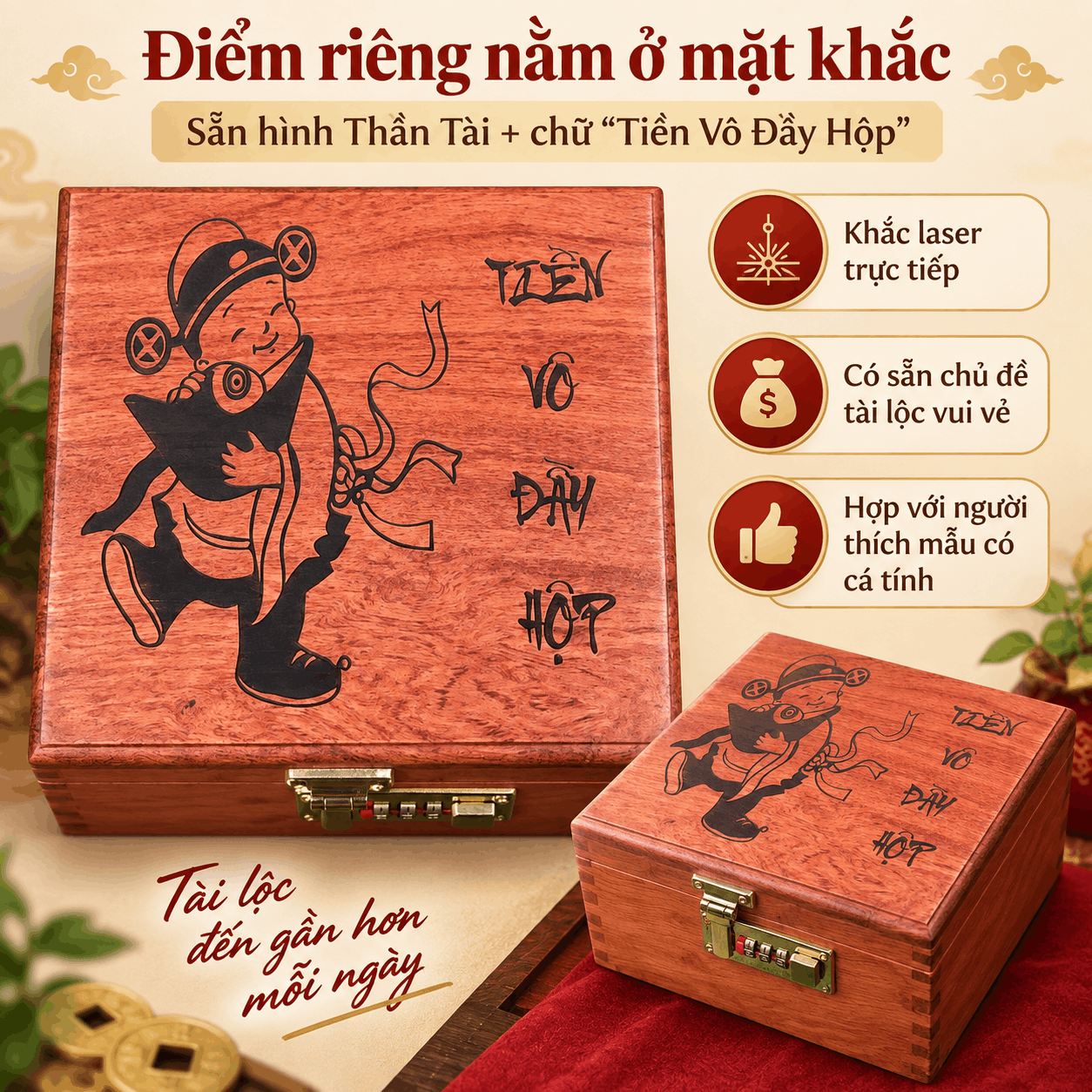 Hộp Tiết Kiệm Thần Tài 2 Ngăn Bằng Gỗ Hương – Khóa Số Cỡ Lớn