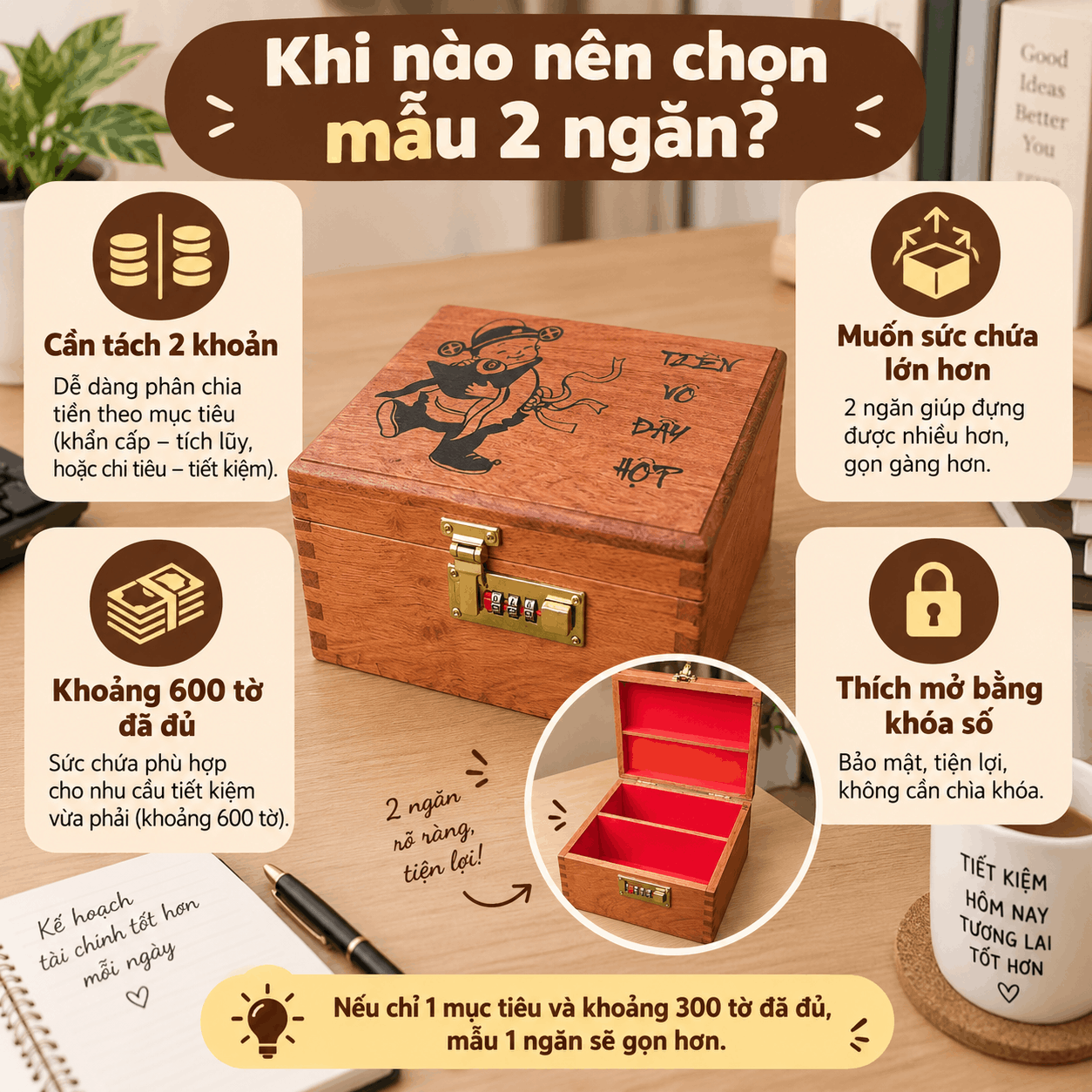 Hộp Tiết Kiệm Thần Tài 2 Ngăn Bằng Gỗ Hương – Khóa Số Cỡ Lớn