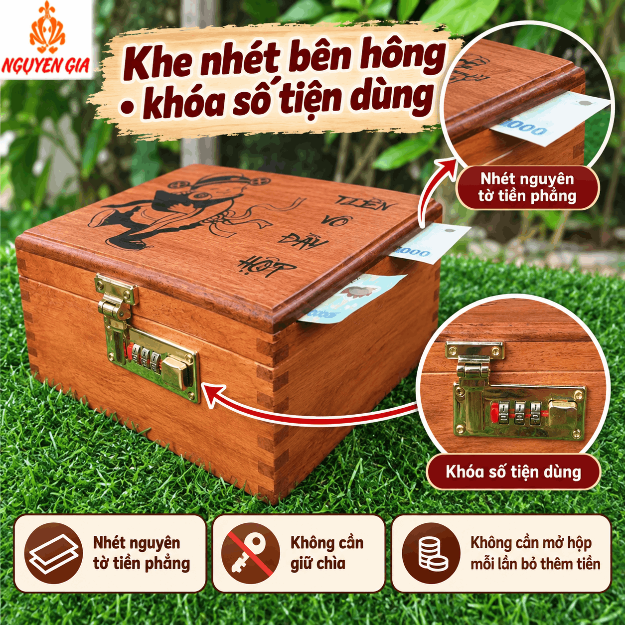 Hộp Tiết Kiệm Thần Tài 2 Ngăn Bằng Gỗ Hương – Khóa Số Cỡ Lớn