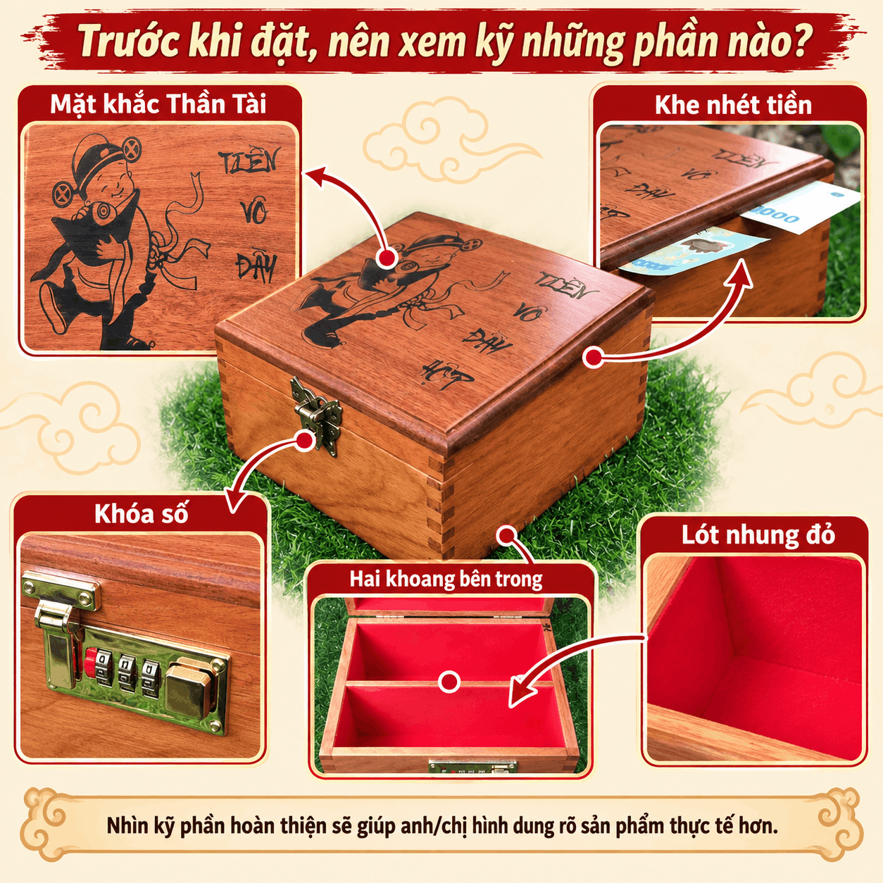 Hộp Tiết Kiệm Thần Tài 2 Ngăn Bằng Gỗ Hương – Khóa Số Cỡ Lớn