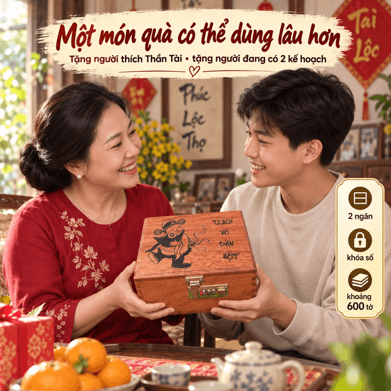 Hộp Tiết Kiệm Thần Tài 2 Ngăn Bằng Gỗ Hương – Khóa Số Cỡ Lớn