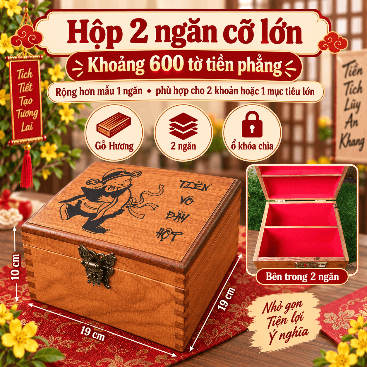 Hộp Tiết Kiệm Thần Tài 2 Ngăn Có Ổ Khóa – Gỗ Hương Cỡ Lớn