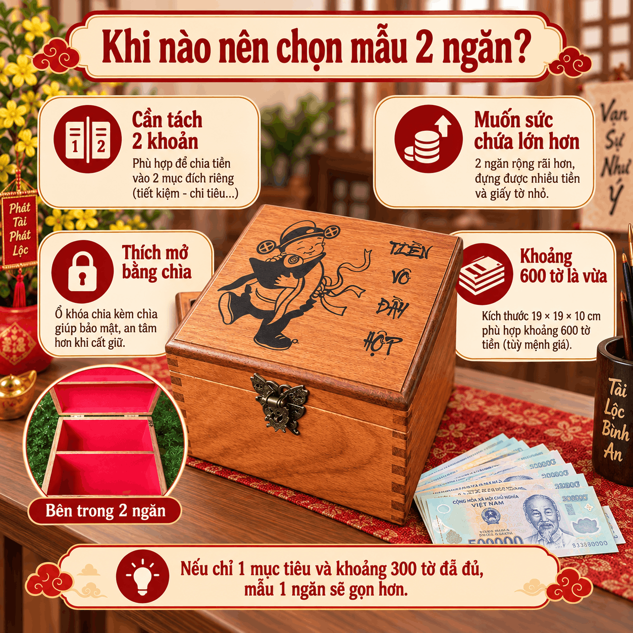 Hộp Tiết Kiệm Thần Tài 2 Ngăn Có Ổ Khóa – Gỗ Hương Cỡ Lớn