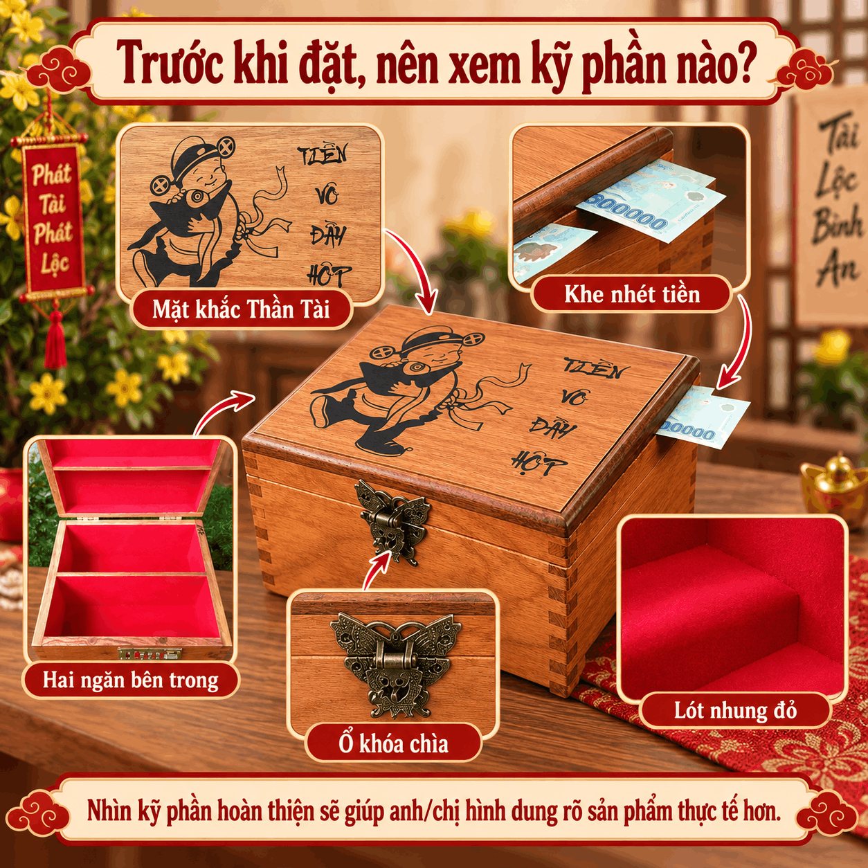 Hộp Tiết Kiệm Thần Tài 2 Ngăn Có Ổ Khóa – Gỗ Hương Cỡ Lớn