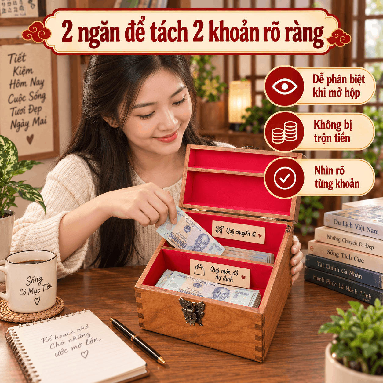 Hộp Tiết Kiệm Thần Tài 2 Ngăn Có Ổ Khóa – Gỗ Hương Cỡ Lớn
