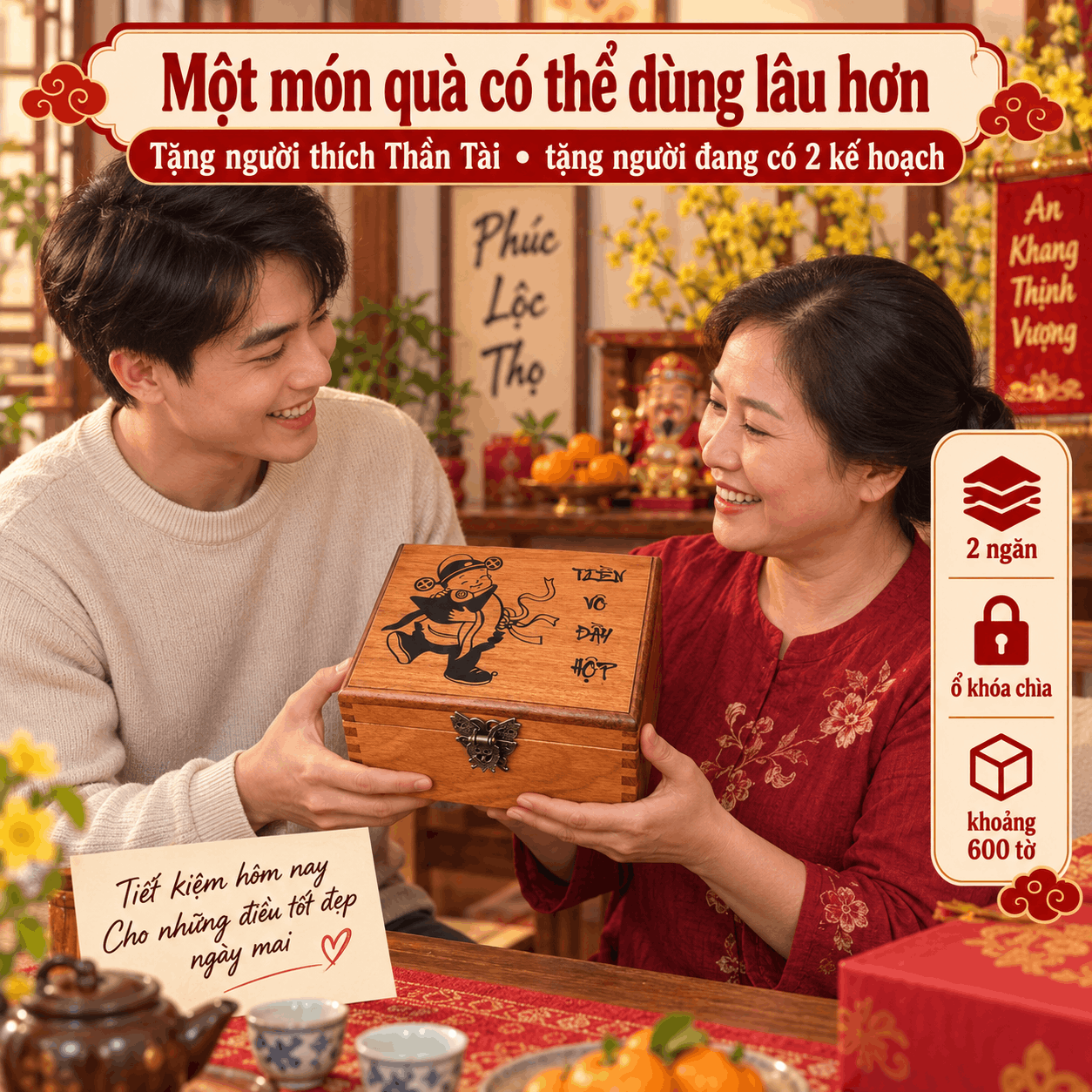 Hộp Tiết Kiệm Thần Tài 2 Ngăn Có Ổ Khóa – Gỗ Hương Cỡ Lớn