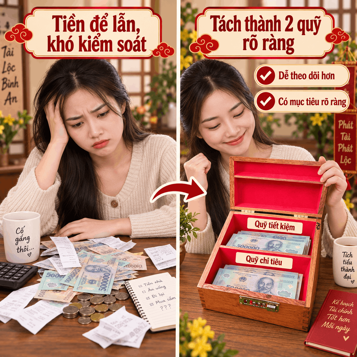Hộp Tiết Kiệm Thần Tài 2 Ngăn Có Ổ Khóa – Gỗ Hương Cỡ Lớn