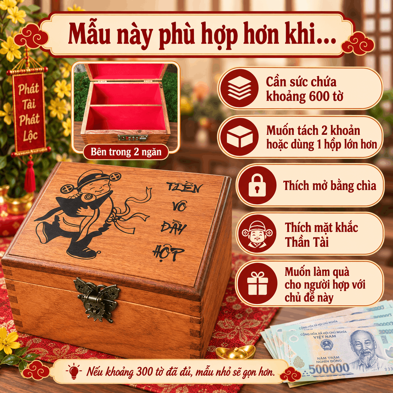 Hộp Tiết Kiệm Thần Tài 2 Ngăn Có Ổ Khóa – Gỗ Hương Cỡ Lớn