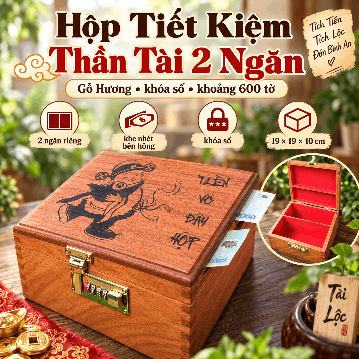 Hộp Tiết Kiệm Thần Tài 2 Ngăn Bằng Gỗ Hương – Khóa Số Cỡ Lớn