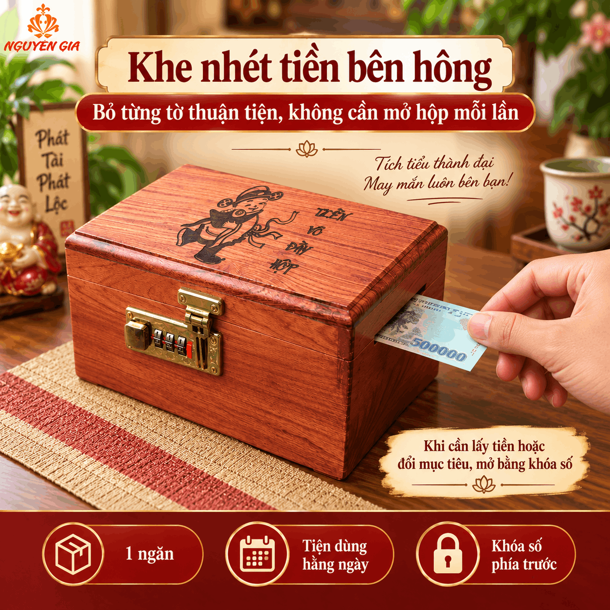 Hộp Tiết Kiệm Thần Tài Bằng Gỗ Hương – Khóa Số, Chứa 300 Tờ