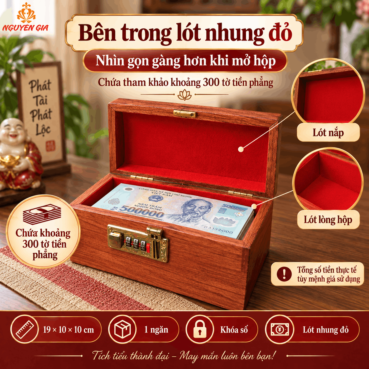 Hộp Tiết Kiệm Thần Tài Bằng Gỗ Hương – Khóa Số, Chứa 300 Tờ