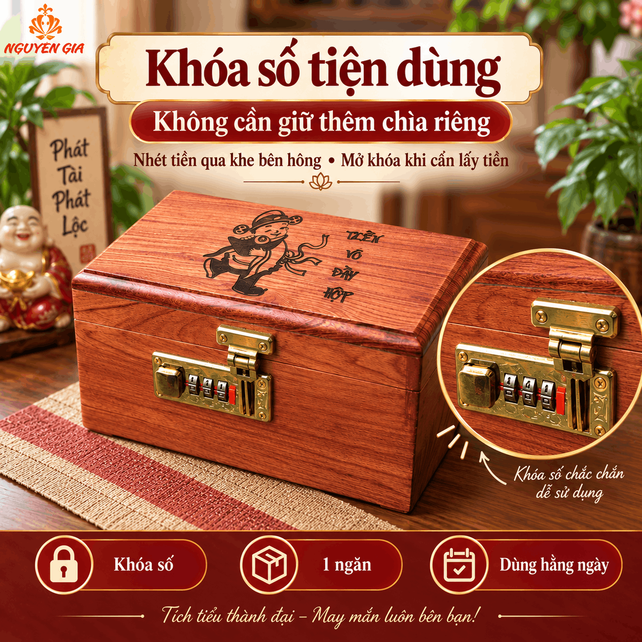 Hộp Tiết Kiệm Thần Tài Bằng Gỗ Hương – Khóa Số, Chứa 300 Tờ