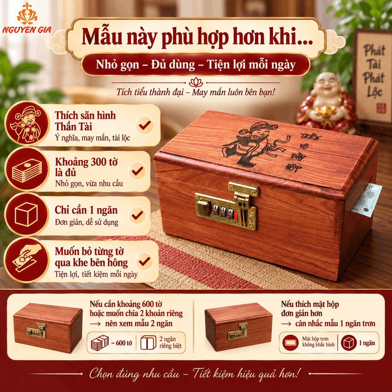 Hộp Tiết Kiệm Thần Tài Bằng Gỗ Hương – Khóa Số, Chứa 300 Tờ