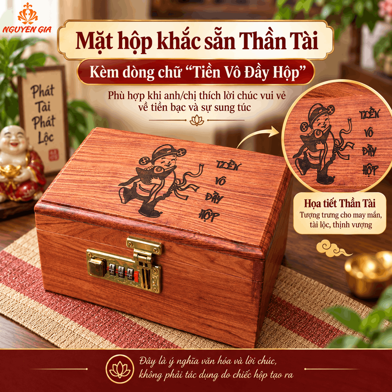 Hộp Tiết Kiệm Thần Tài Bằng Gỗ Hương – Khóa Số, Chứa 300 Tờ