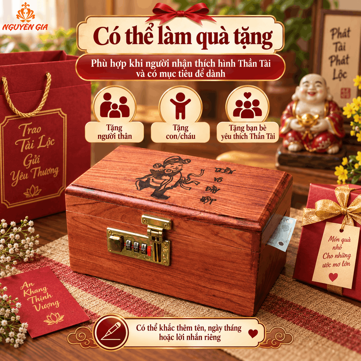 Hộp Tiết Kiệm Thần Tài Bằng Gỗ Hương – Khóa Số, Chứa 300 Tờ