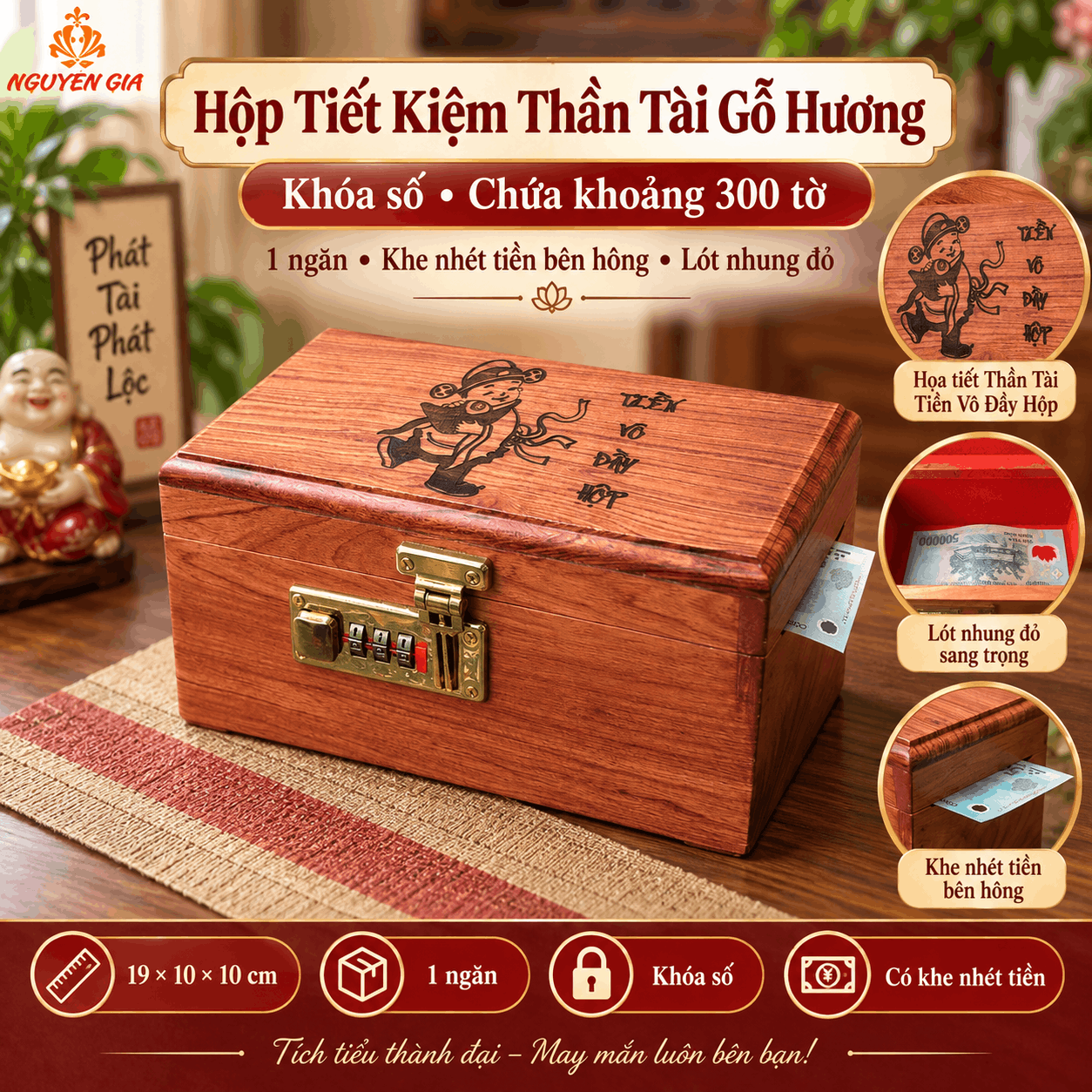 Hộp Tiết Kiệm Thần Tài Bằng Gỗ Hương – Khóa Số, Chứa 300 Tờ