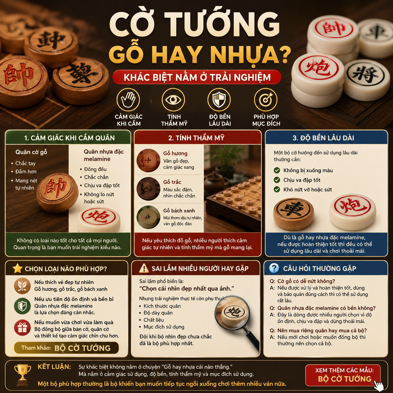Bộ cờ tướng gỗ c&oacute; g&igrave; kh&aacute;c bộ cờ thường? C&aacute;ch chọn ph&ugrave; hợp