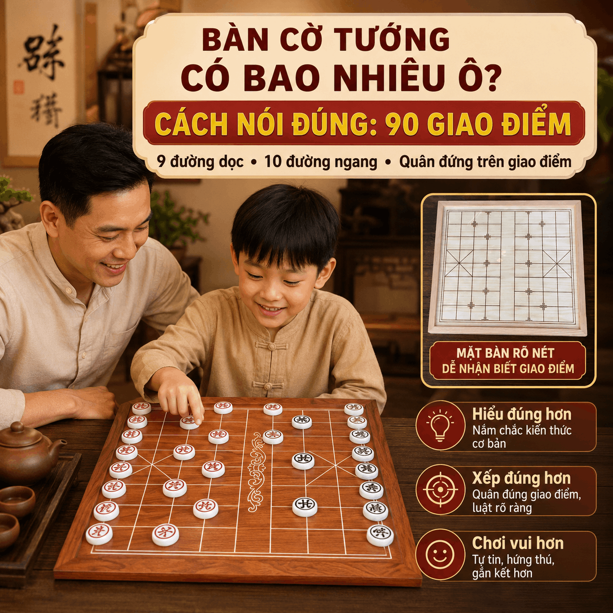 B&agrave;n Cờ Tướng C&oacute; Bao Nhi&ecirc;u &Ocirc;? Cấu Tạo 90 Giao Điểm