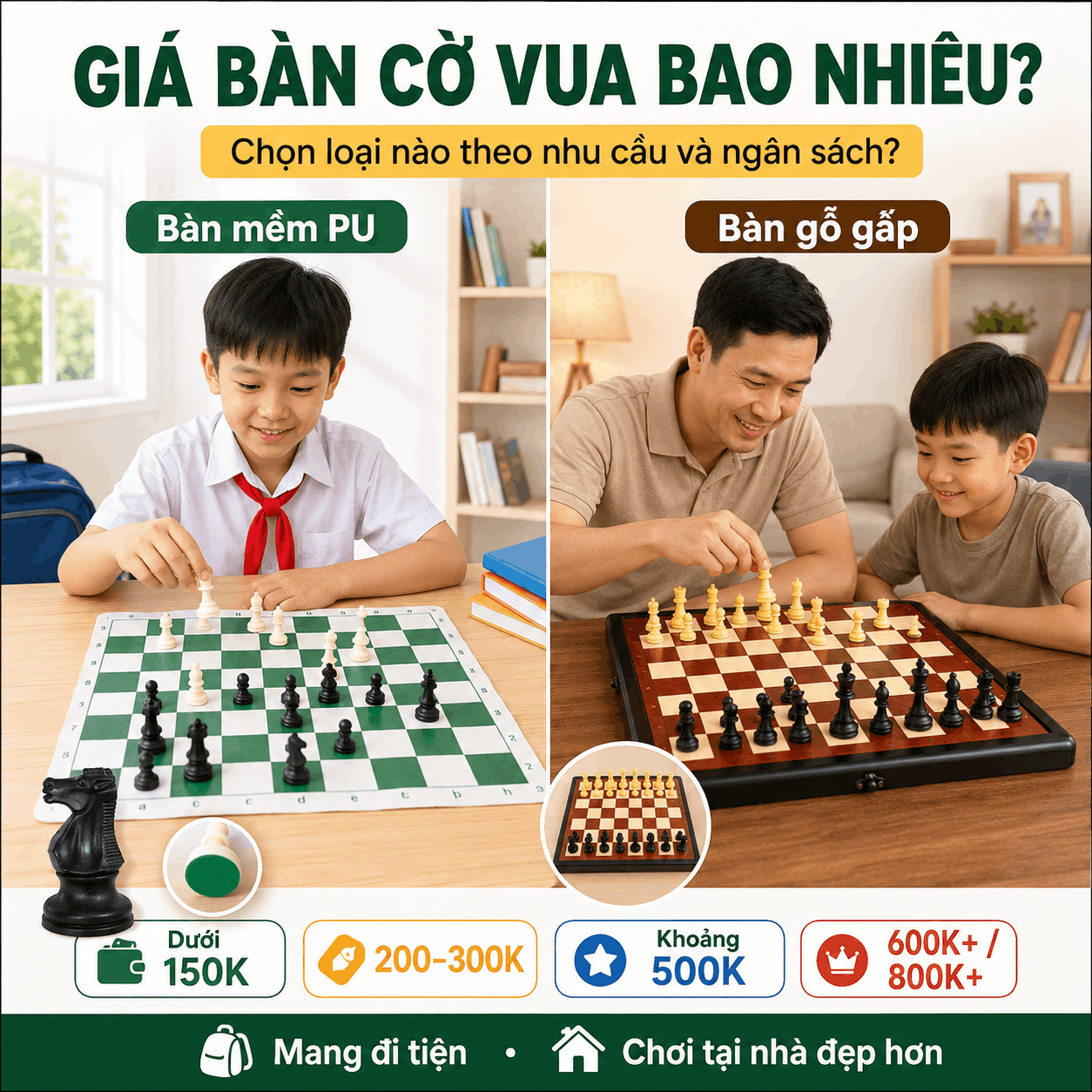 Gi&aacute; B&agrave;n Cờ Vua Bao Nhi&ecirc;u? So S&aacute;nh B&agrave;n Da PU V&agrave; B&agrave;n Gỗ