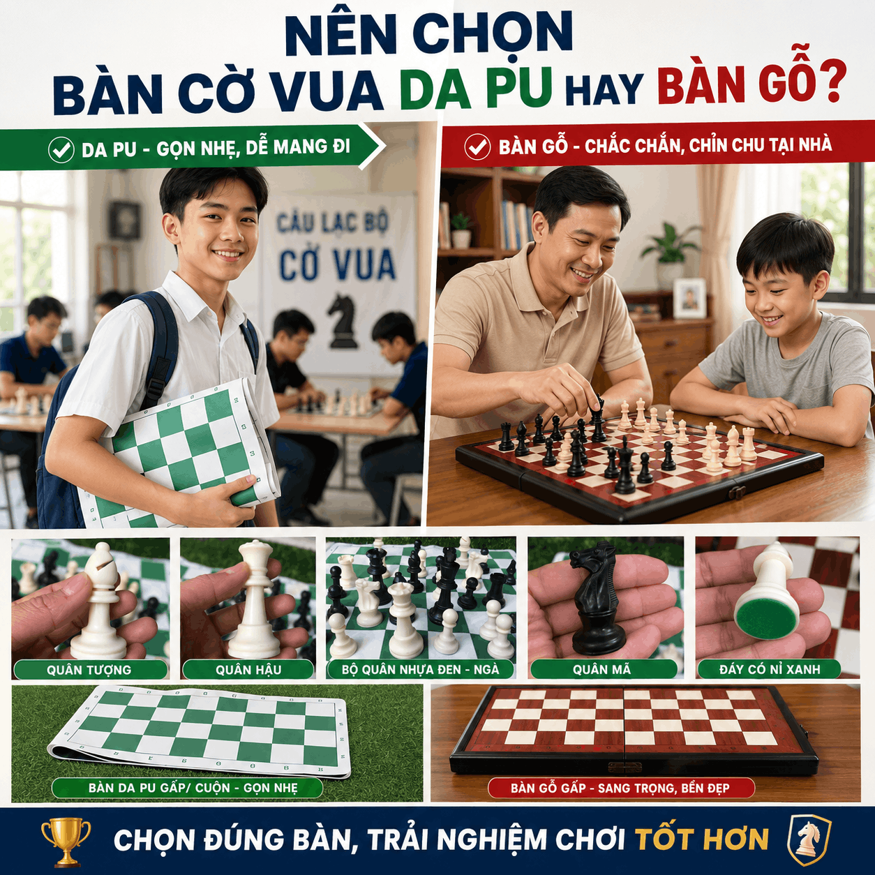Mua Bàn Cờ Vua Nên Chọn Loại Nào? Bàn Da PU Hay Bàn Gỗ
